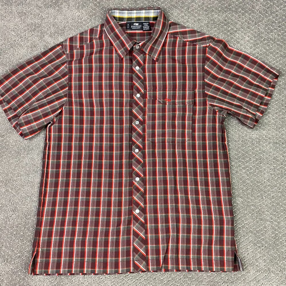NWOT Outdoor Research Pearl Snap Shirt Men's Small Red Brown Short Sleeve Plaid